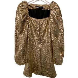 ZARA Gold Sequin Puffy Sleeve Square Neck Zipper Party Dress Size XS